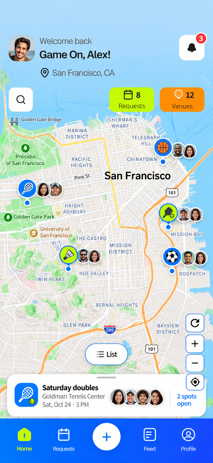 Illustrative PinPlay app preview with nearby sports games, player avatars and a Saturday doubles invitation in San Francisco